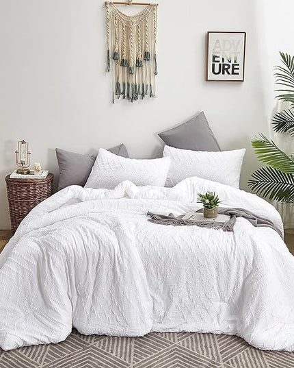 Houseri California King Comforter Set White Boho Tufted Jacquard Bedding Sets Cal King Women Solid White Shabby Chic Comforters Men Modern Soft Comfy Plain White Farmhouse Tassels Bed Quilt King Plus