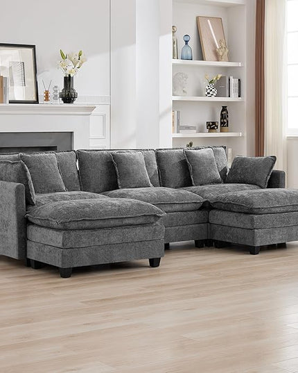 111'' Sectional Cloud Deep Seat Couch, Oversized Chenille U Shaped Sectional Sofa for Living Room Set, Comfy Upholstered Modular 3-Seats Sectional Sofa Couch with 2 Movable Ottoman, Grey