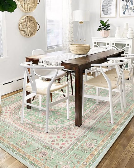 5x7 Area Rugs Washable,Green Rug for Living Room Bedroom Kitchen,Large Boho Vintage Bohemian Distressed Oriental Carpet Non Slip,Sage Blush Floral