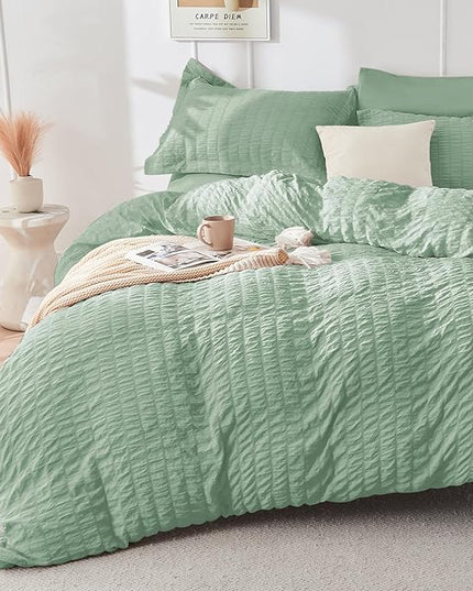 HYMOKEGE Sage Green Twin Comforter Set Seersucker 5 Pieces, All Season Luxury Bed in a Bag for Bedroom, Bedding Set with Comforters, Sheets, Pillowcase & Sham