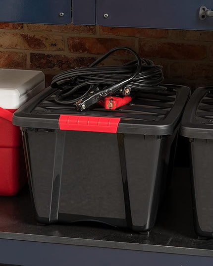 IRIS USA 32 Qt Stackable Plastic Storage Bins with Lids, 6 Pack - BPA-Free, Made in USA - Garage Organizing Solution, Latches, Durable Nestable Containers, Secure Pull Handle - Black