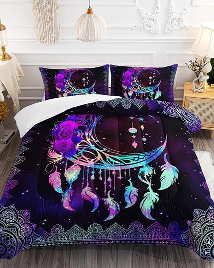 AILONEN Purple Galaxy Moon Comforter Set, Mandala Bohemian Bedding Set Queen Size,Moon Dream Catcher Starry Comforter Boys Girls Bed in a Bag Duvet Set, 1 Quilt and 2 Pillowcases