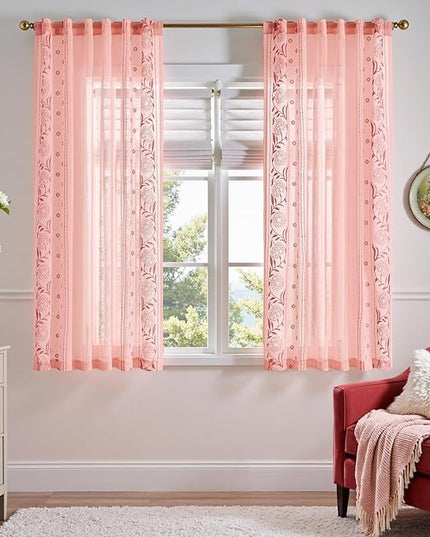 jinchan Winslow Sheer Curtains 63 Inch Length for Dorm Bedroom Bordered Floral Pattern Decorations Short Curtains Light Filtering Window Treatments, 50W x 63L, 2 Panels
