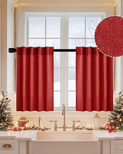 MIULEE Red Kitchen Curtains 36 Inch Length 2 Panels, Soft Thick Linen Textured Semi Sheer Light Filtering Short Cafe Tier Curtains for Small Half Window Back Tab Rod Pocket Christmas Decor