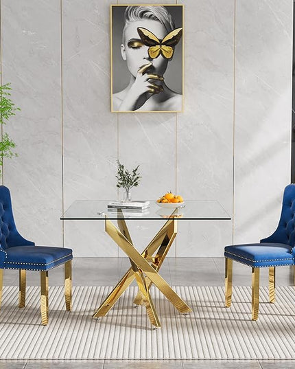 Glass Dining Table Set for 2, Square 36" Dining Table with Gold Cross Metal Leg, 2 Blue Velvet Dining Chairs with Stainless Steel Legs, Modern Glass Kitchen Table and Chairs Set for Small Space