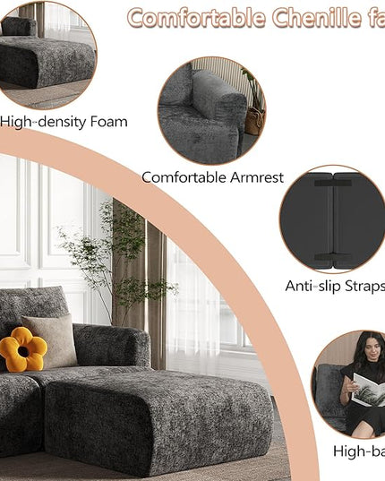 EASE MOOSE Boneless Couch for Living Room, Sectional Cloud Sofa, Modular Cloud Couch, 3-Seater Deep Seat Sofas with Pillow for Bedroom, Apartment, No Assembly Required, Chenille (Dark Grey)