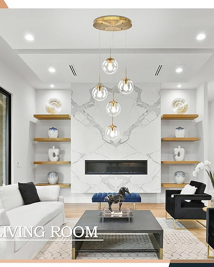 KoKo&Yukina 5-Light Globe Glass Pendant Light Adjustable Length Pendant Lights Modern Gold Clear Globe Glass Chandelier High Ceiling Lights Fixtures for Foyer Staircase Entryway (Bulb & Remote Incl.)