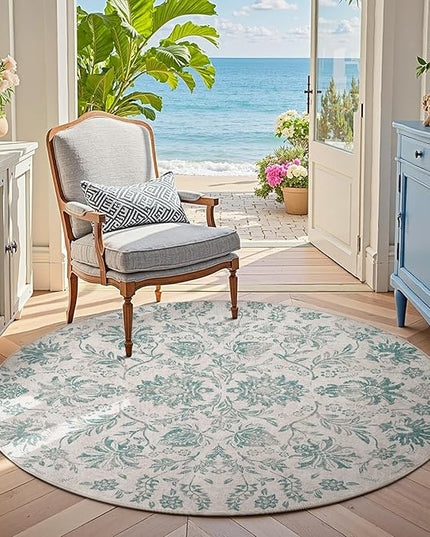 jinchan Torino Classic Floral Round Rug 5ft Vintage-Inspired Design 5’Circle Rug Machine Washable Ultra-Thin Low-Pile Non-Slip Indoor Carpet for Bedroom Dining Room Living Room Entryway