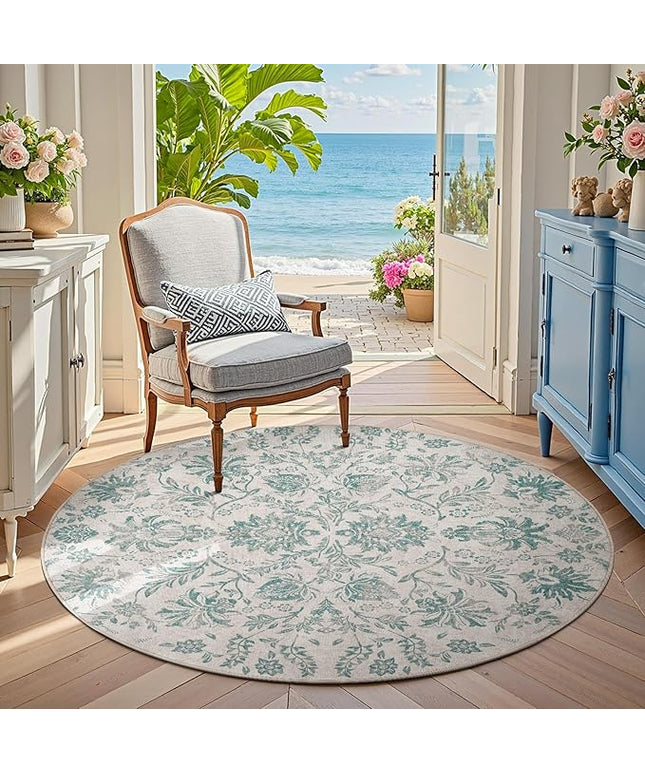 jinchan Torino Classic Floral Round Rug 4ft Vintage-Inspired Design 4’Circle Rug, Machine Washable Ultra-Thin Low-Pile Non-Slip Indoor Carpet for Bedroom Dining Room Living Room Entryway