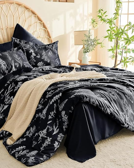 MUXHOMO Black Twin Comforter Set, Elegant Floral Print Bed in a Bag 5 Pieces, Ultra Soft & Breathable Reversible Botanical Pattern Bedding Set with Comforter, Sheets, Pillowcase, and Sham