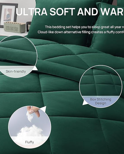 Love's cabin Twin Comforter Set Dark Green, 5 Pieces Twin Bed in a Bag, All Season Bedding Sets with 1 Comforter, 1 Flat Sheet, 1 Fitted Sheet, 1 Pillowcase and 1 Pillow Sham