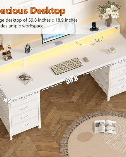 60 Inch Computer Desk with 8 Fabric Drawers, Gaming Desk with LED Lights & Power Outlets, Home Office Desk with Monitor Stand, White