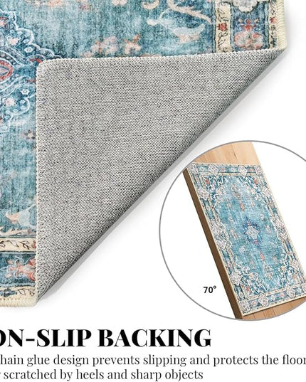 MUJOO 5'x7' Area Rugs Teal Machine Washable Rugs Living Room Rugs Boho Rug for Bedroom Laundry Room Kitchen Non Slip Carpet Abstract Soft Low-Pile Blue Floral