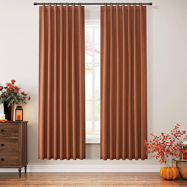 Guken Terracotta Linen Blackout Curtains 72 Inch Length 2 Panels Set Fall Curtains for Living Room Bedroom Back Tab Thermal Insulated 100% Black Out Linen Drapes, 52x72