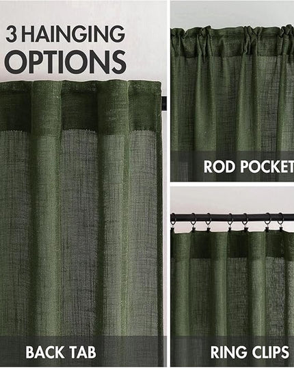 MIULEE Olive Green Linen Curtains 90 Inch Long for Bedroom Living Room, Soft Thick Linen Textured Window Drapes Semi Sheer Light Filtering Rod Pocket Back Tab Christmas Burlap Look, 2 Panels