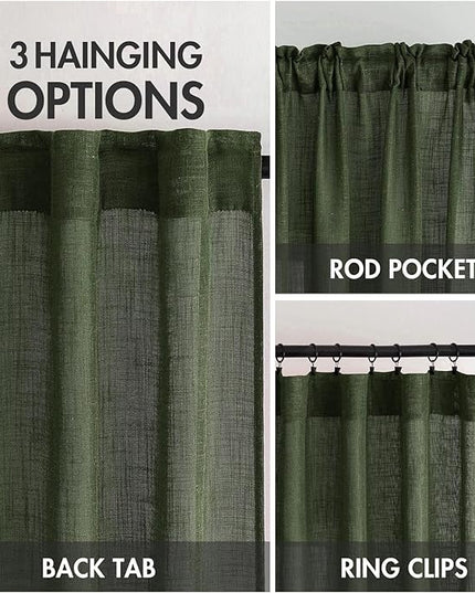 MIULEE Olive Green Short Linen Curtains 45 Inch Length 2 Panels for Kitchen Bedroom Bathroom, Soft Thick Linen Textured Basement Window Drapes Semi Sheer Light Filtering Back Tab Burlap Look Decor