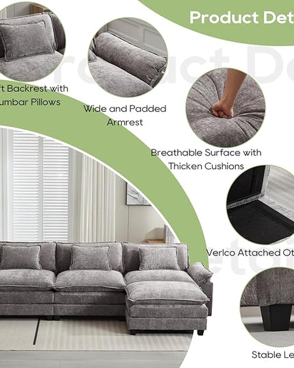 120" Modular Sectional Sofa, Comfy Cloud Couch Sectional Sofa with Ottoman, Chenille Sofa Sleeper Deep Seat Sofa with Throw Pillows for Living Room (Light Gray, 120"- L Shape)