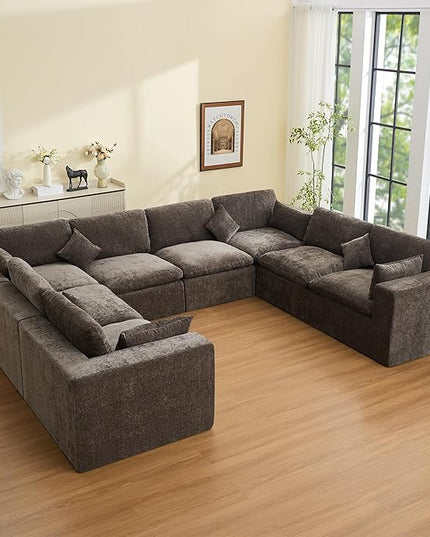 155''Cloud Boneless Sectional Couch, Modular Sectional Sofa Deep Seat, Oversized Upholstered Convertible Comfy 8 Seater Chenille Memory Foam Sofa U Shape Couches for Living Room, Brown