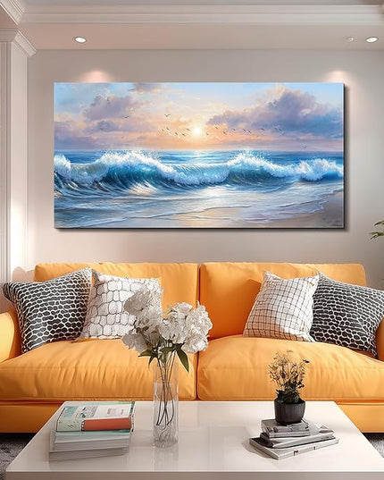 XIGUANGART Large Wall Decor for Living Room Ocean Paintings Canvas Prints Wall Art for Bedroom Blue Modern Minimalist Artwork Beach Sunrise Sea Wave Nature Pictures Office and Bathroom Home Decor