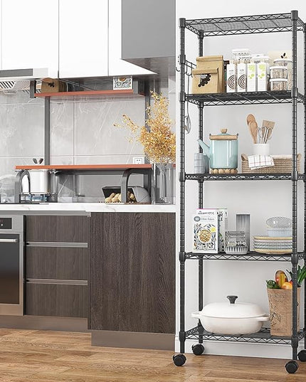 Himimi 5-Tier Wire Shelving Unit on Wheels, Adjustable Heavy Duty Metal Shelves with Side Hooks, Metal Organization Wire Rack for Kitchen Garage Basement, 13" L x 23" W x 72" H, Black