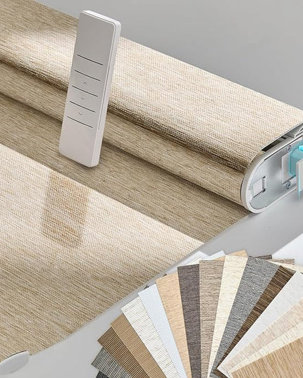 Persilux Smart Motorized Blinds with Remote, No Drill Automatic Roller Shades for Indoor Windows, Light Filtering Linen Fabric, Electric Blinds for Windows, Nature Khaki C25-3, Custom Size