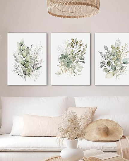 WRFON Watercolor Botanical Wall Art Set of 3 Boho Sage Green Wildflower Canvas Wall Art Prints Modern Floral Wall Decor for Bedroom Living Room Bathroom Decorations Framed 12x16 Inches