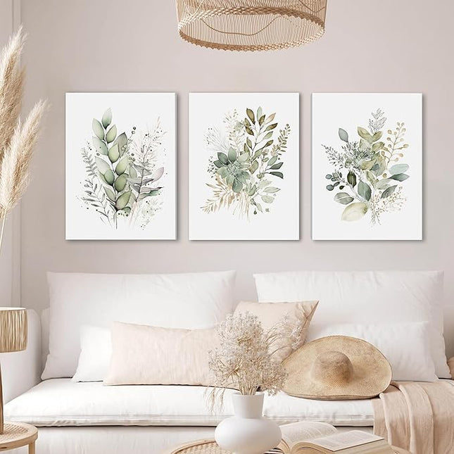 WRFON Watercolor Botanical Wall Art Set of 3 Boho Sage Green Wildflower Canvas Wall Art Prints Modern Floral Wall Decor for Bedroom Living Room Bathroom Decorations Framed 12x16 Inches