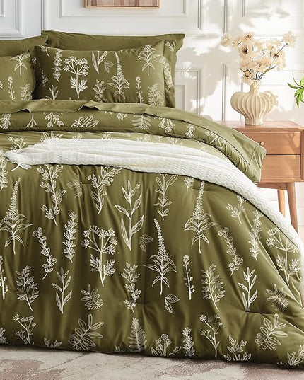 MUXHOMO Olive Green Bed in a Bag Queen 7 Pieces, Queen Comforter Set Reversible Botanical Flowers Design, Ultra Soft & Breathable Bedding Sets with Comforter, Sheets, Pillowcases & Shams