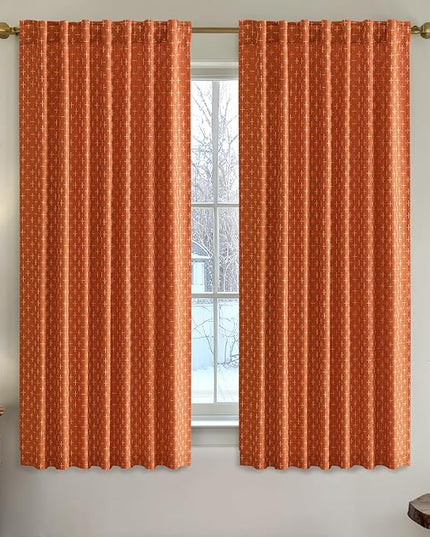 MIULEE Decorative Back Tab Linen Curtains with Geometric Pattern for Living Room Bedroom Farmhouse Rustic Thick Woven Textured Patterned Mudcloth Drapes 63 Inch Length 2 Panels Set, Burnt Orange
