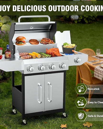 BESTFIRE 60,000 BTU 4+1 Burner Propane Gas Grill - 647 sq. inches Stainless Steel Outdoor BBQ with Porcelain-Enameled Cast Iron Grates, Side Burner & Storage Cabinet for Patio and Backyard Cooking