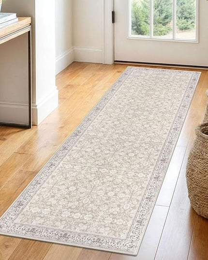2x6 Washable Runner Rug for Hallways, Grey Begie Soft Neutral Vintage Kitchen Rugs with Non-Slip, Non-Shedding Distressed Floral Rug for Bedroom Kitchen Porch Laundry Entryway