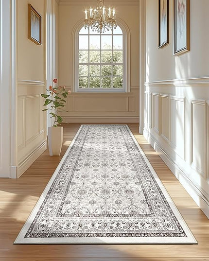 jinchan Hallway Runner Rug 3x8 - Machine Washable Beige Vintage Floral Distressed Design Soft Non-Slip Low-Pile Ultra-Thin Runner Rug for Kitchen Laundry Room Bedroom Farmhouse (3‘x8', Beige)