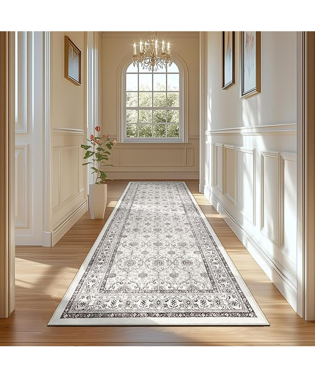 jinchan Hallway Runner Rug 3x10 - Machine Washable Beige Vintage Floral Distressed Design Soft Non-Slip Low-Pile Ultra-Thin Runner Rug for Kitchen Laundry Room Bedroom Farmhouse (3‘x10', Beige)