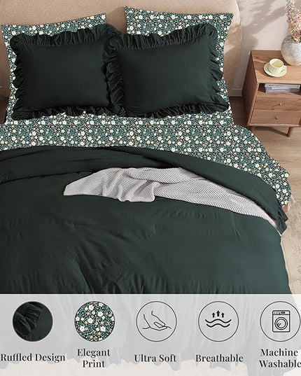 King Comforter Set - 7 Pieces Ruffle Forest Green Bedding Sets, Shabby Chic Farmhouse Bed in a Bag with Ruffle Comforter, Floral Sheets, Pillowcases & Shams