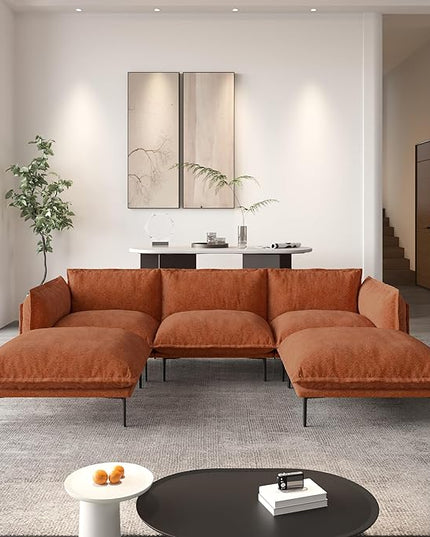WJShome Velvet Modular Sectional Sofa with Chaise,111" Modern U-Shaped Couch for Living Room, 3-Seater Sofa with 2 Ottomans with Removable Cushions and 8" High Metal Legs, Easy to Clean, Terracotta