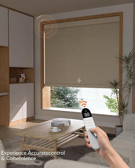 Boolegon Motorized Roller Blinds with Remote Control, Blackout Linen Fabric-Matched Automatic Roller Shades for Windows, Rechargeable Electric Window Shades for Home, Office, Beige, Custom Now