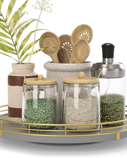 10" Wooden Lazy Susan Turntable for Cabinet – Rotating Spice Rack Organizer, Small Gray Kitchen Countertop Round Tray for Dining Table & Pantry Storage