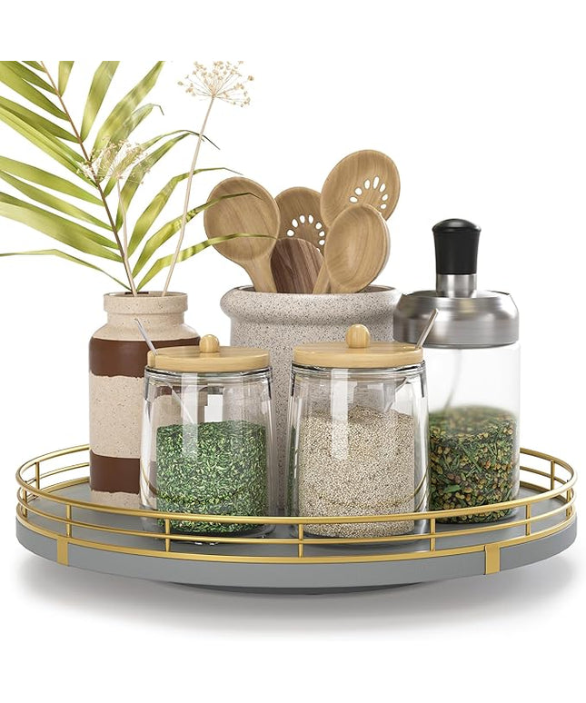 10" Wooden Lazy Susan Turntable for Cabinet – Rotating Spice Rack Organizer, Small Gray Kitchen Countertop Round Tray for Dining Table & Pantry Storage