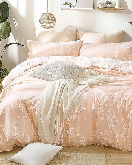 Love's cabin Pink Queen Comforter Set - Queen Size Comforter Set, 3 Pieces Cute Floral Bedding Sets for All Seasons,1 Soft Reversible Botanical Flowers Comforter and 2 Pillow Shams
