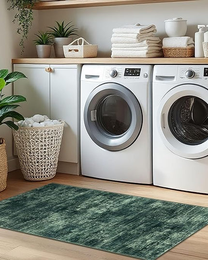 IOHOUZE Abstract Runner Rug 2x5 Ft Washable Runners for Hallways, Non Slip Kitchen Runner Printed Faux Wool Entryway Runner Indoor, Modern Abstract Floor Carpet for Hall Kitchen Bedroom, Dark Green