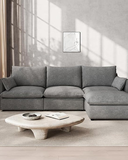 Waterproof Cloud Sectional Couches,High Backrest Down Filled Sofa for Living Room,94.5" Modular Sofas L-Shaped with Ottoman,Detachable Couch Covers,Dark Grey