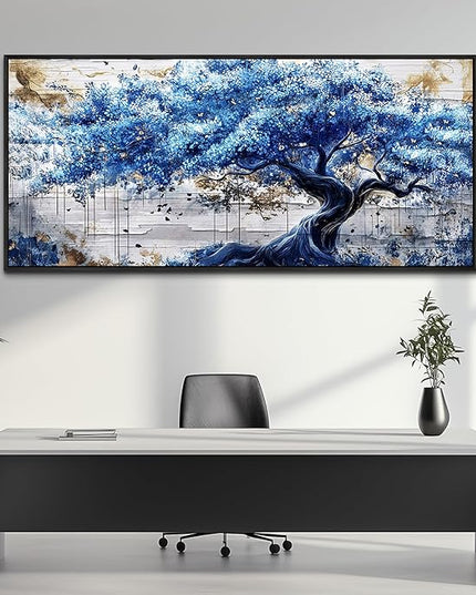 ERQINHUA Large Canvas Wall Decor For Living Room Wall Art For Bedroom Office Home Decor Blue Tree Wall Paintings Farmhouse Abstract Watercolour Pictures Artwork Ready To Hang 32x72 In Black Framed