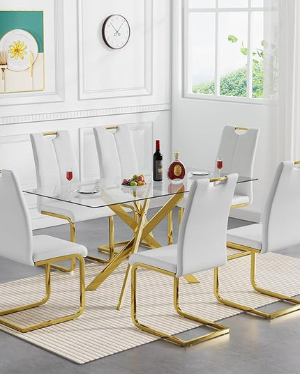 7 Piece Glass Dining Table Set, Gold Glass Kitchen Dining Room Table Set for 6, Modern 51" Rectangular Glass Metal Dining Table with 6 White Leather Dining Chairs for Kitchen Dining Room