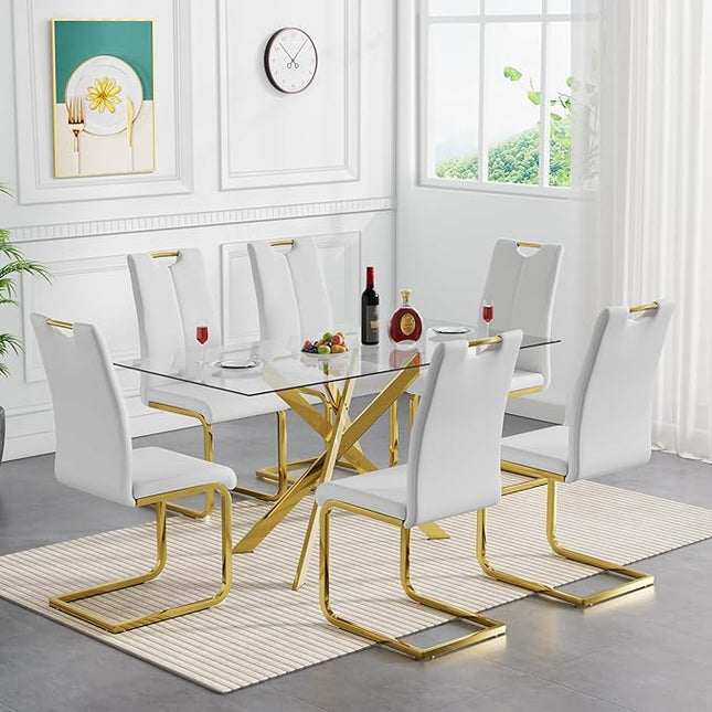 HomVent 7 Pieces Rectangular Glass Dining Table Table Set, Glass Kitchen Table Set for 6 with 6 PU Dining Chairs for Kitchen Dining Room
