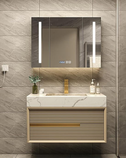 Golden Bathroom Vanity - 28IN Modern Luxurious Bathroom Vanity with Sink with Smart LED Defogging Mirror & Metal Elements & Hidden Handle | Unique Striped Design & Large Capacity Storage Space