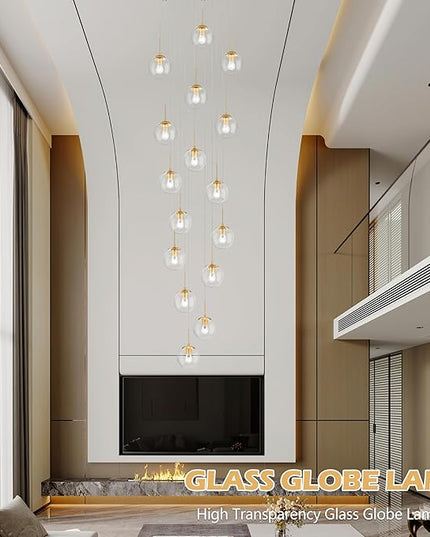 KoKo&Yukina 16-Light Gold Mid Century Modern Chandelier for Living Room Staircase Chandelier for Entryway Clear Globe Glass Chandelier High Ceiling Chandeliers Foyer Entryway (Bulb & Remote Incl.)