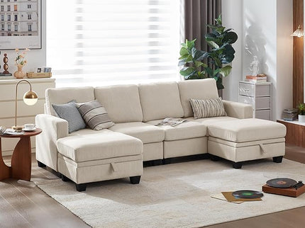 CHIC HOUSE Corduroy Modular Sectional Couch with Ottoman Chaise, L/U Shaped Sleeper Sofa for Living Room, Apartment, Lounge, Modern Armrest Neck Support Furniture (6 Seater Sectional, Beige)