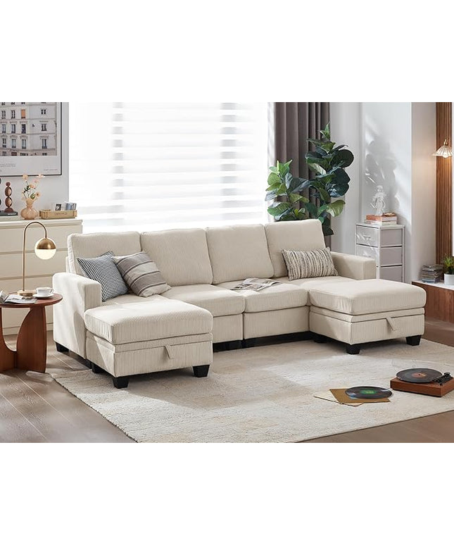 CHIC HOUSE Corduroy Modular Sectional Couch with Ottoman Chaise, L/U Shaped Sleeper Sofa for Living Room, Apartment, Lounge, Modern Armrest Neck Support Furniture (6 Seater Sectional, Beige)