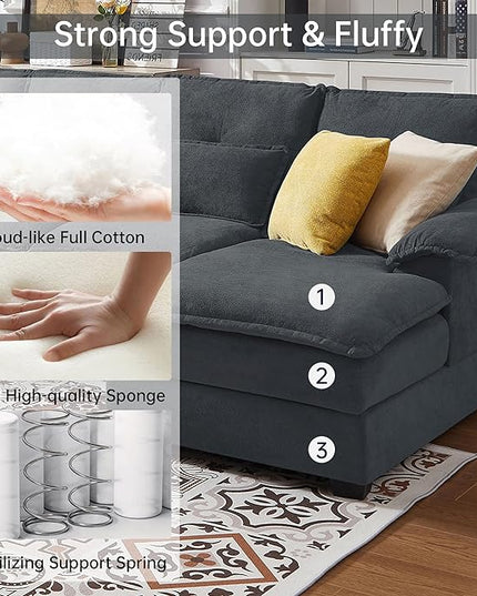 110“ Convertible Sectional Sofa, U Shape Cloud Couch, Comfy Couches with Double Chaise and Sleepable Armrests, 4 Seats Sectional Couches for Living Room, Dark Grey