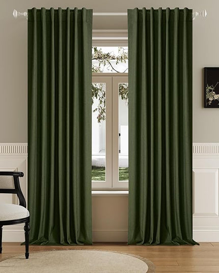 DUALIFE Blackout 96 Inches Long Olive Green Curtains 2 Panel Set, Farmhouse Curtains for Living Room Darkening Thermal/Noise Reduction Textured Flax Linen Drape 8ft Rod Pocket&Back Tab 72W x 96L